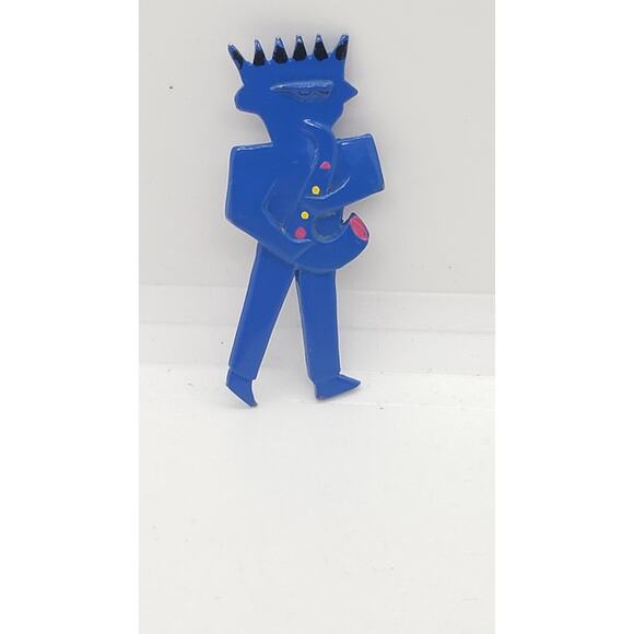 Vintage 80s Blue Enamel Saxophone Player Brooch Man Funk Jazz Art Figural 2.5" - Picture 1 of 7